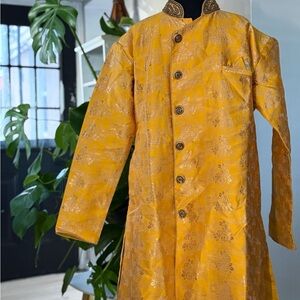 Mustard Yellow Brocade Sherwani with Gold Accents